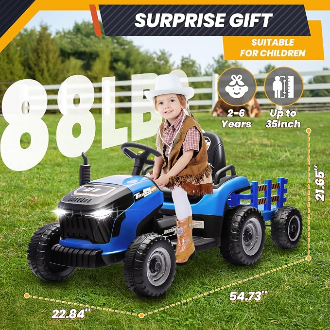 JOYRACER 24V Ride On Toys for Kids, Electric Ride on Tractor w/400W Motors, Tiltable & Detachable Trailer, Adjustable Seat, Bluetooth, Music, Remote Control Tractor Toys for Boys, Sapphire