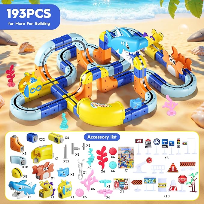 193PCS Magnetic Train Set: Shark Toys 3D Infinity Racer Electric Train Set for Kids Flexible Cube Rail Train Track with Anti-Gravity Train STEM Toys Gifts for 3 4 5 6 7 8 Year Old Boys Girls