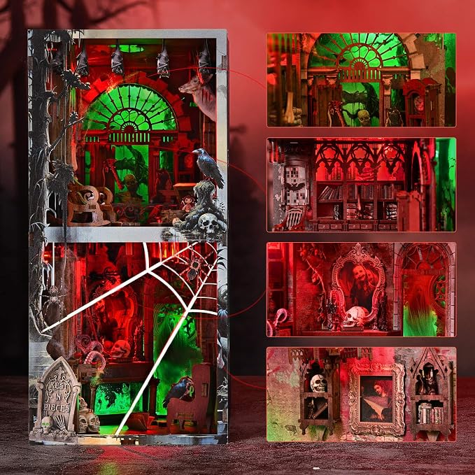 fifijoy Haunted House Halloween Book Nook Kit, Spooky Shelf Insert Bookshelf Diorama Horror Art Miniature Decor, Creepy Scary Wooden Puzzle Booknook (Haunted Mansion)