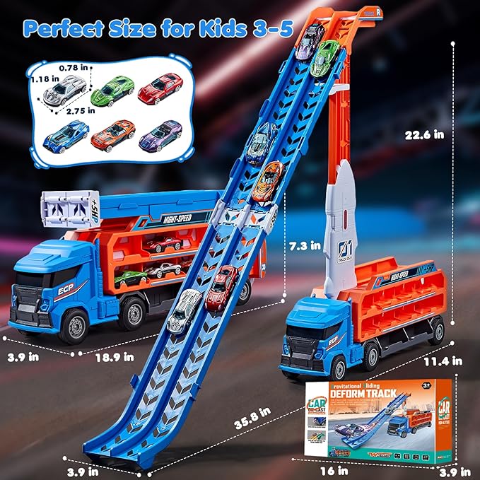 Race Track Truck Toys for 3 4 5 6 Years Old Kids - Carrier Truck Transport Car with 6 Die-Cast Cars Toys, 4-in-1 Truck with 2 Foldable Race Tracks, Christmas Birthday Gifts Toy for Toddler Boys, Blue