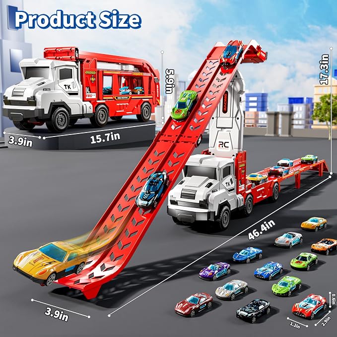 3-in-1 Kids Carrier Truck Toy Car Tracks for Toddlers 2-4 Years Old with 12 Racing Cars Toys, Foldable Chasing Race Track and Car Garage, Car Ramps Birthday Gift for Boys Girls 3-5 4-8(Red)
