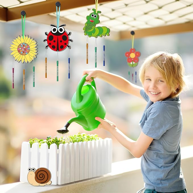 12 Pack Wind Chime Kit for Kids Make Your Own Wind Chime DIY Wood Arts and Crafts Decorative Coloring Wooden Hanging Ornaments for Girls Boys Home School Activity Party Supplies(Spring Flower Animal)