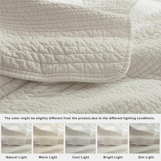 palassio Striped Beige 100% Cotton Quilt Queen Size Bedding Sets, Lightweight Crinkly Channel Pick Stitch Textured Bedspread Soft Shabby Chic Farmhouse Country Coverlet for All Season, 2 Shams