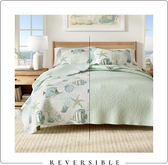 Great Bay Home Coastal Quilt Set - 2-Piece Twin/Twin XL Size Nautical Bedding Set - Lightweight, All-Season, Reversible Bedspread (Fish & Coral)