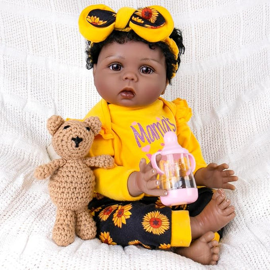 Aori Reborn Baby Dolls Black - 22 Inches Realistic Baby Doll Black American Lifesize Reborn Girls with Hair, Gift Set for Kids 3+, Parents-to-be, Grandparents