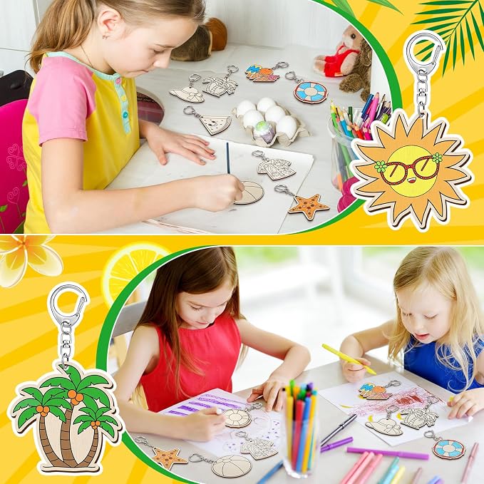 Trnayi 36 Pcs Summer Unfinished Wooden Keychains Color Your Own Beach Fruit Keychains Tropical Hawaiian Luau Blank Wood Painting DIY Crafts for Summer Party Activities Arts Project Decor