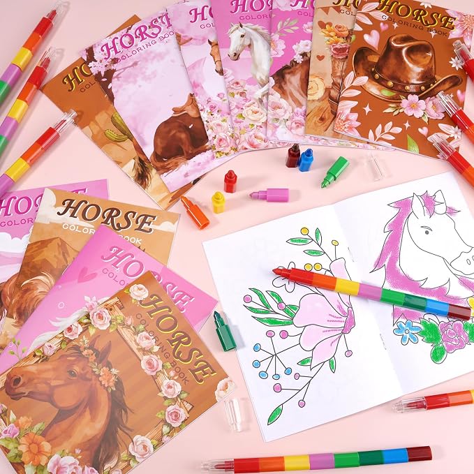 BenLouis 24 Pcs Horse Floral Mini Coloring Books Kids Cowgirl Party Favors Small Activity Books Bulk for Kids Girls Horse Racing Flower Goodie Bags Stuffers Return Gifts Classroom Travel