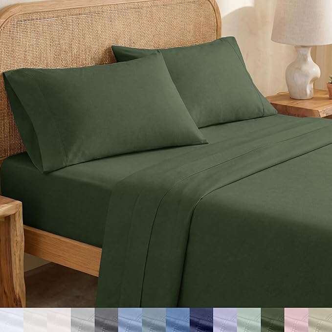 California Design Den Twin XL Sheets Cotton Set - Soft 100% Organic Cotton Sheets, Deep Pockets, Crisp Percale, Breathable and Durable Bedding Set for Dorms, Hospitals - Olive Green