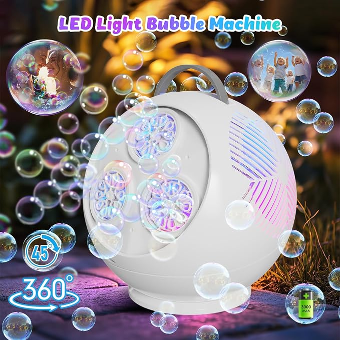 IFLOVE Bubble Machine for Kids 3+-45°/360° Rotating Bubble Blower with RGB LED Light,30000+ Bubbles Per Minute,Automatic Portable Bubble Maker for Boys Girls,Outdoor Party Easter Birthday Gift (White)