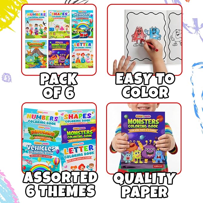 KiddieLoot Coloring Books for Kids Ages 4-8 - (Pack of 6) 8.5x11 Size Book w/Dinosaurs, Monsters, Vehicles, Alphabet, Numbers & Shapes - Kids Coloring Books Variety Set for Boys & Girls Color Gift