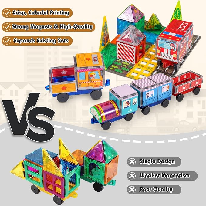 Magnetic Tiles Cars Construction Set for Kids, 30PCS Magnetic Building Tiles with 3 Car Bases & Crane, Train and Truck Magnet Blocks STEM Toys for Boys Girls Ages 3-8