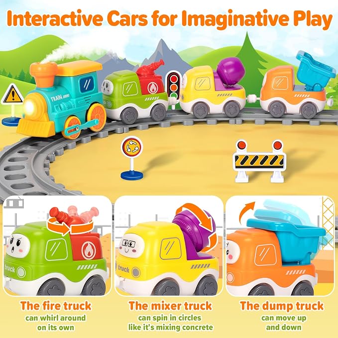 Electric Train Set for Toddlers, Realistic Steam Train Toys with Lights & Music for Kids, Magnetic Truck Toys for Toddler 1-3-5, Christmas Birthday Gifts for 1 2 3 4 5 Year Old Boys Girls
