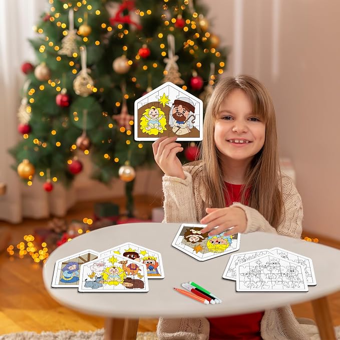Cinrobiye 24 Pcs Christmas Nativity Coloring Puzzle Craft，DIY Jesus Religious Paper Crafts Make a Nativity Scene Sticker for Christian Holy Night Sunday School Church Classroom Holiday Art Project