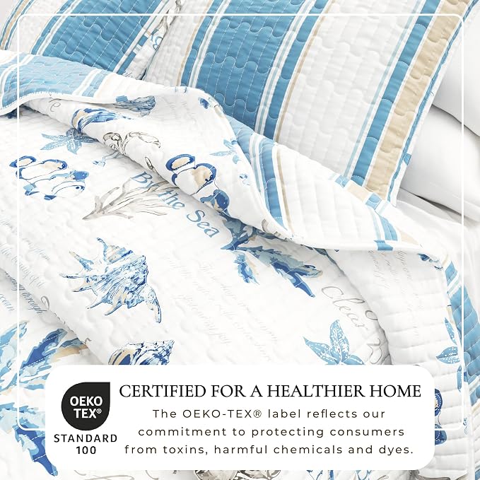 Great Bay Home Coastal Quilt Set - 3-Piece King/California King Size Nautical Bedding Set - Lightweight, All-Season, Reversible Bedspread (Flag Stripe/Ocean Stories)