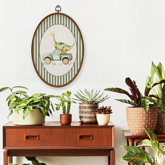 WULQYING Boy Nursery Dinosaur Truck Wall Art Decor, Kids Playroom Oval Framed Canvas Art Prints, Green Striped Dino Truck Wall Hanging Decor for Kids Toddler Boy Room Bedroom Playroom, 8.6x11.4 Inches