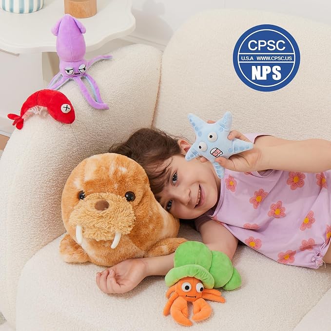 MorisMos 5Pcs Walrus Stuffed Animal Set,18'' Big Walrus Plush Toy with Crab,Lobster,Squid,Starfish Plushies,Bulk Marine Animal Gifts for Kid Girl Boy Ocean Lover Sea Animal for Birthday Christmas
