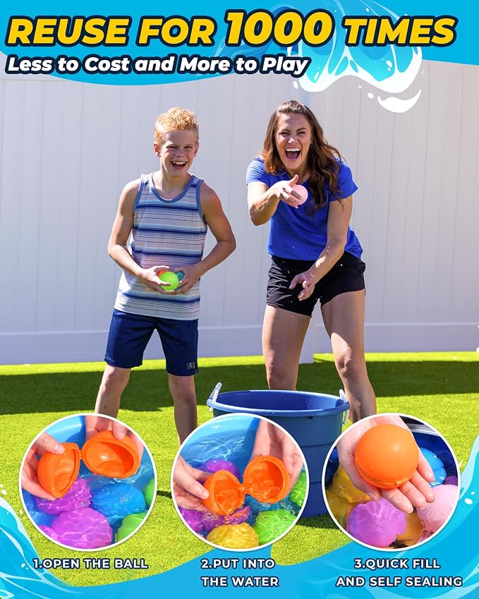 Reusable Water Balloons, 12 Pack Refillable Water Bombs Self Sealing Quick Fill, Latex-Free Silicone Outdoor Toys for Kids Adults Summer Fun Pool Beach Water Toys Birthday Gifts