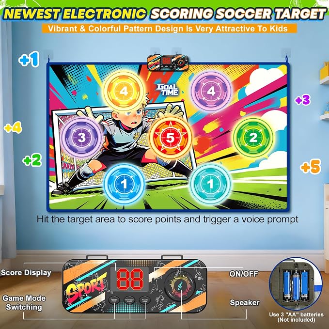 Electronic Scoring Soccer Toy Game Set for Kids with 5 Training Disc&2 Soft Balls,Indoor Outdoor Soccer Target Game Real-time Scoring 3 Modes Birthday Gifts for 3 4 5 6 7 8 9 10+ Years Old Boys Girls