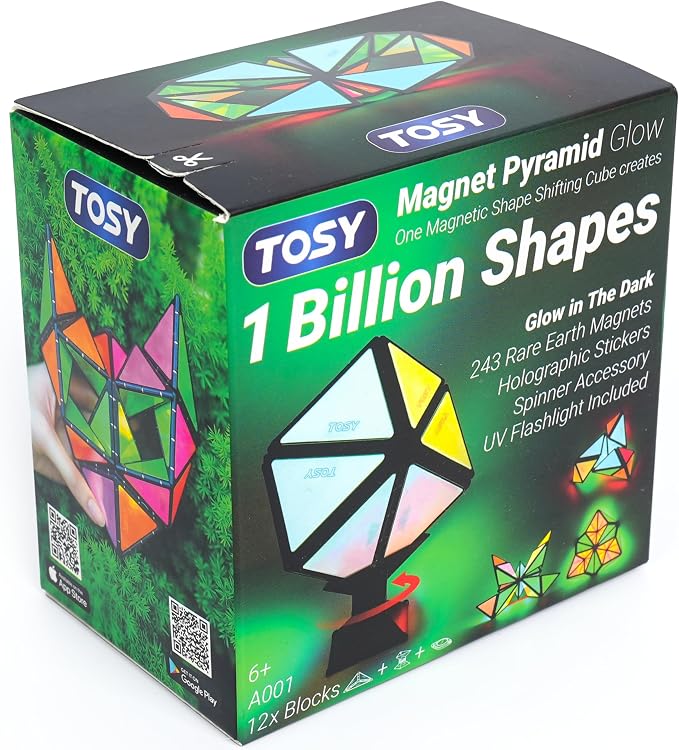 TOSY Magnet Pyramid Glow - 1 Cube Transforms into 1 Billion Shapes (Bunny, Egg, Flowers, Hearts), Easter Basket Stuffers Gift, 12 pcs, 243 Magnets, Glowing, Holographic Design, Puzzle/STEM Toy