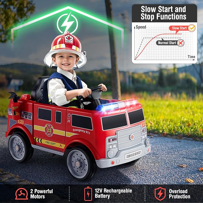 Costzon Kids Ride on Fire Truck, 12V Battery Powered Fire Car w/Remote Control, Extinguisher, Shovel, Loudspeaker, Music, Sirens, Lights & Wireless Connection, Electric Vehicle for Kids(Fire Truck)