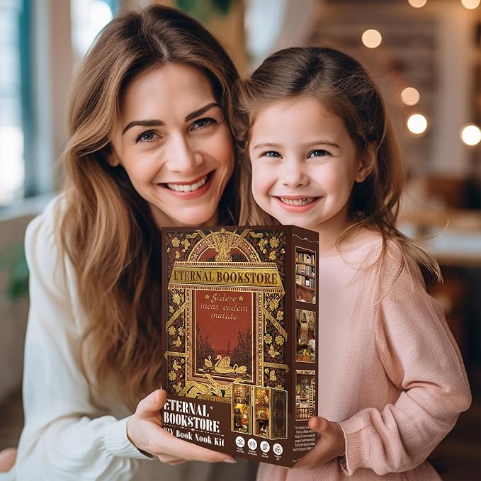 Cutefun Book Nook Kit Library, DIY Miniature Booknook Kit for Adults, 3D Wooden Puzzle Bookend Bookshelf Decor with LED Light & Dust Cover Christmas Crafts Gifts for Book Lovers (Eternal Bookstore)