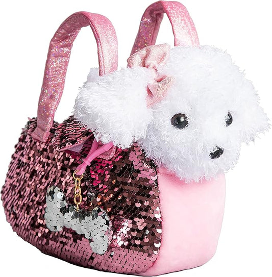 Little Jupiter Pet Plush Set with Purse w/Reversible Sequins & Charm - Stuffed Animal Toy for Kids Ages 4-5 - 6-7 - Stuffed Animal Purse - Stuffed Animals for Girls - (White Labradoodle)
