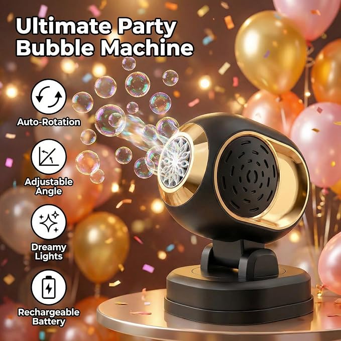 KYWYOYOU Rotating Bubble Machine with Lights, Rechargeable Automatic Maker | Adjustable angle blower for kids, parties, outdoor weddings, and birthdays. Includes 10 concentrated liquid solution refills.