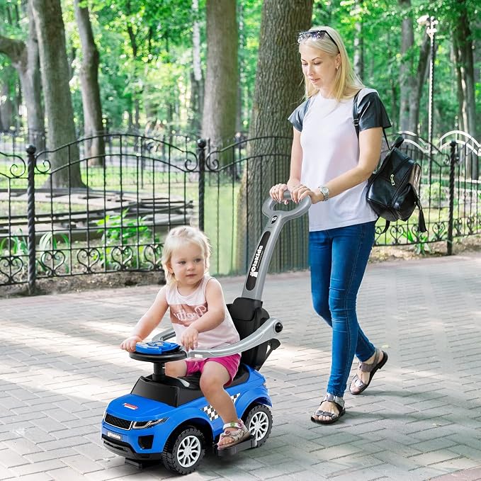 OLAKIDS 4 in 1 Ride on Push Car, Toddlers Stroller Sliding Walking Toy with Horn, Music, Lights, Removable Guardrails and Handle, Underneath Storage, Baby Foot-to-Floor Walker for Boys Girls (Navy)