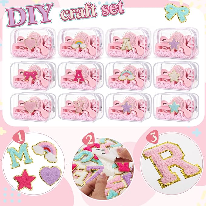 Kacctyen 96 Pcs DIY Clear Cosmetics Bags Kit Including 12 Clear PVC Makeup Bags, 82 Pcs Chenille Letter Patches Self-adhesive Stickers, 2 Crinkle Paper Filler for DIY Craft Sleepover Party Gifts