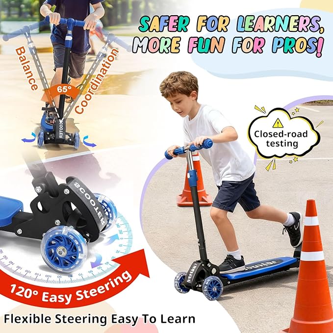 3 Wheel Kids Kick Scooter for Ages 3-12, Lean-to-Steer, Light-Up Wheels, 3-Level Adjustable Handlebar 27.5”-33”, Wide Non-Slip Deck, Dual Rear Brake,Travel Foldable, for Boys & Girls Toy Gifts