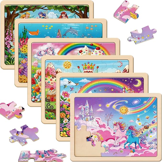 Puzzles for Kids Ages 3-5, 6 Pack Wooden Jigsaw Puzzles 24 Pieces – Unicorn Princess & Mermaid Educational Toys for Toddlers 4-6 Year Old, Gift Box, Easter Christmas Birthday Gifts for Kids