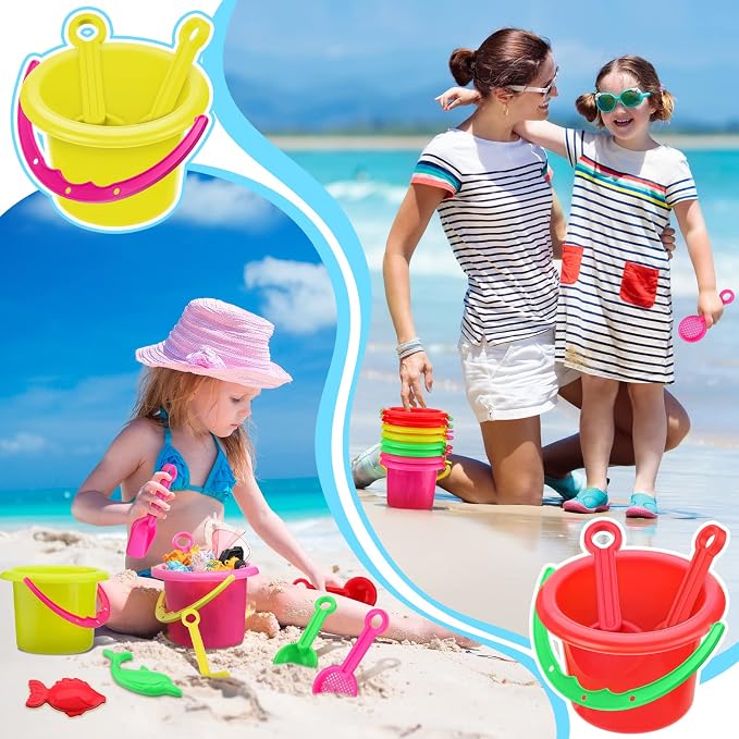 Jexine 96pcs Colorful Beach Party Favors for Kid 24 Set 3.94" Sand Buckets and Shovels for Bucket Party Favor Sand Box Play Set and Mini Beach Pail Includes Shovel, Rake, Scoop Summer Outdoor Toys