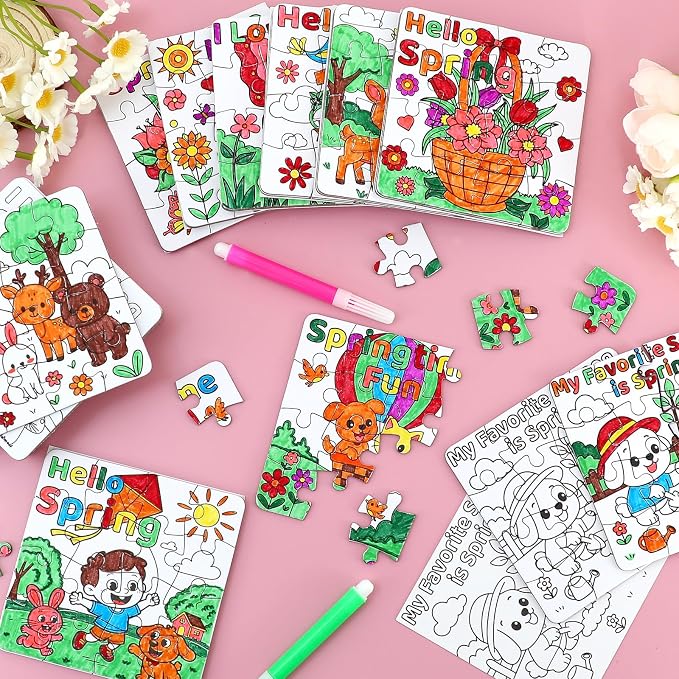 24Pcs Spring Crafts for Kids & Adults Bulk, Spring toddler Art and Craft DIY Puzzle Kits with Flower Butterfly Bee Bunny, Easter Jigsaw for School Classroom Activity April Party Favors & Gift Supplies