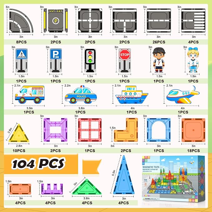 104 PCS Magnetic Tiles Road Set, STEM Construction Toys for Kids Ages 3-5 5-7 4-8, Magnet Building Blocks for Toddler Toys Games, Christmas Birthday Gifts for 3+ Year Old Boys Girls