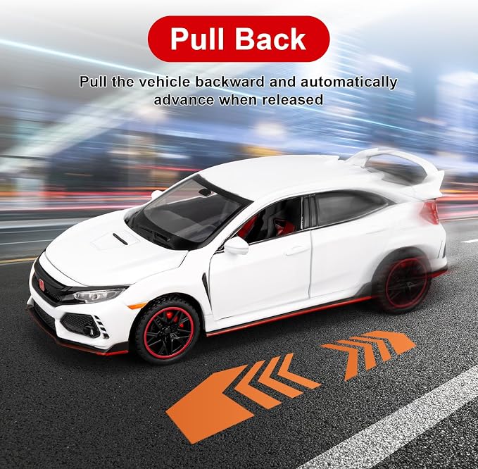 1:32 Scale Civic Type R Model Car，Toy Vehicle with Sound & Light, Pull Back Function & Openable Doors - Premium Diecast Collectible with Realistic Details White