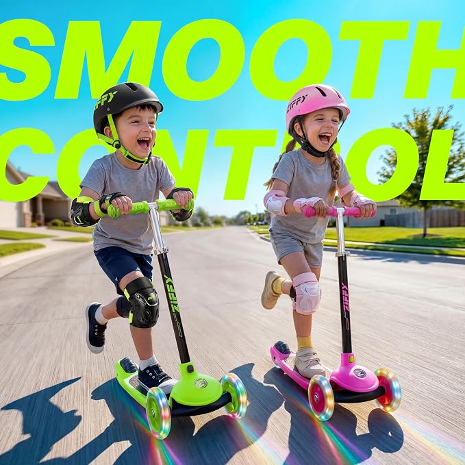 JOVA ZIFFY Multicolor 3 Wheel Scooter for Kids 3-5, Toddler Kick Scooters with LED Light-Up Wheels for Boys and Girls, 5 Adjustable Height and Lean-to-Steer Design, Support up to 110 lbs