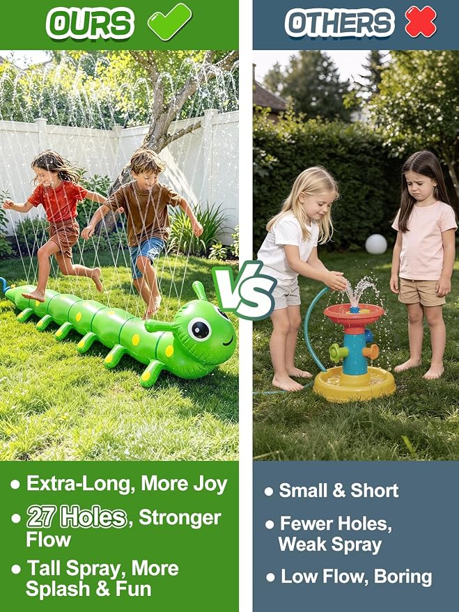 97" x 19" Extra Large Caterpillar Sprinkler for Kids - Outdoor Toys Kids Toddler Water Sprinkler for Yard, Attaches to Garden Hose, Durable Inflatable Splashing Fun Toys for Garden Lawn