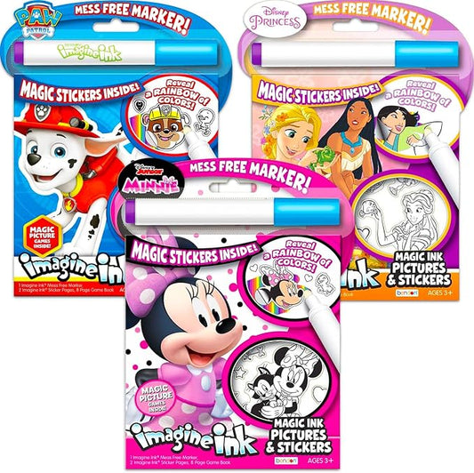 Magic Ink Coloring Book Set for Kids - Bundle with 3 Imagine Ink Books for Girls Featuring Minnie Mouse, Paw Patrol, and Disney Princesses | Mess Free Coloring Pages for Kids
