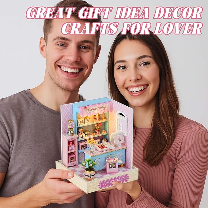 Kisoy Dollhouse Miniature with Furniture Kit, DIY 3D Wooden DIY House Kit with Dust Cover,Handmade Tiny House Toys for Teens Adults Gift (Yummy Candy)