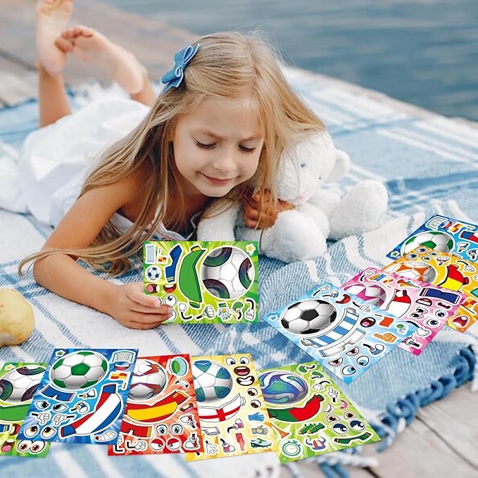 24 Sheets Soccer Stickers for Kids, Make a Face Stickers, Make Your Own Sticker, Goodie Bag Stuffers, Football Gifts, Soccer Party Favors, Classroom Teacher Reward Educational Toy Art Craft