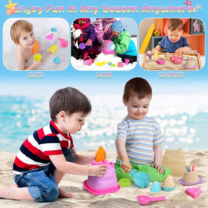 Dreamon Collapsible Beach Toys Set for Kids 3-10, Collapsible Sand Bucket Shovels Set with Mesh Bag and Beach Molds, Ice Cream Sand Toys for Beach, Sandbox Travel Toys for Kids Toddlers Girls