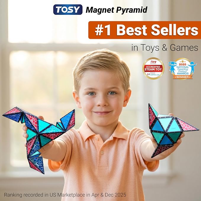 TOSY Magnet Pyramid Stone - 1 Cube Transforms into 1 Billion Shapes (Bunny, Egg Basket, Flowers, Heart), Easter Birthday Gift, 12 pcs, 243 Magnets, Holographic Design, Puzzle/STEM Toy
