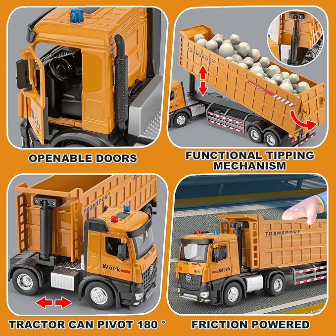 HAPYAD Dump Truck Toy Metal Cab, Big Trucks for Toddlers Boys 3-5, 16.5" | Large Semi Truck, Lights and Sounds, Friction Powered, Trucks for Toddlers 1-3 Boys, Diecast Construction Toys