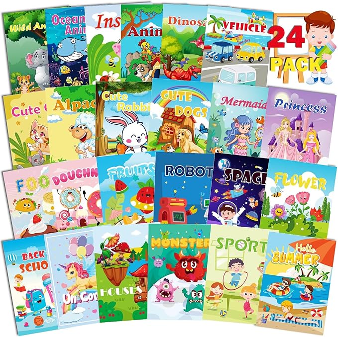 24 Mini Coloring Books Suitable for Kids Ages 2-4 and 4-8,Small Party Gifts,Bulk Birthday Gifts,Gift Bag fillers Include Dinosaurs,Mermaids,Animal,Princess(24-A)