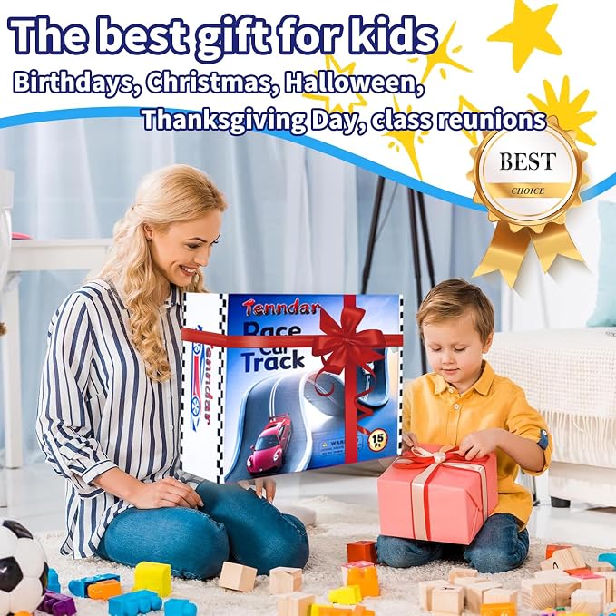 Flex Track 15 Ft Starter Set – Flexible Race Car Ramp Track for Kids, Double-Sided Racetrack for 1:64 Diecast Cars and Similar Toy Cars, Ages 3 & Up with Suction Cups，Blue