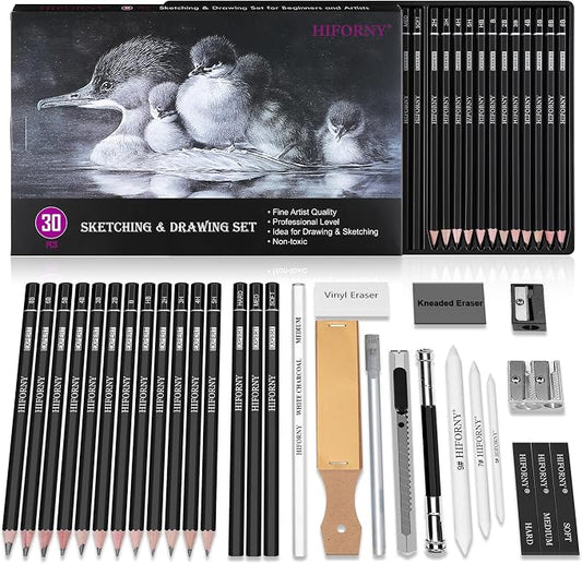HIFORNY 30 PCS Sketching Drawing Pencil Set,Sketch Pencils Art Supplies with Graphite,Charcoal,Blending Tools,Accessories,Drawing Kit for Adults Artists