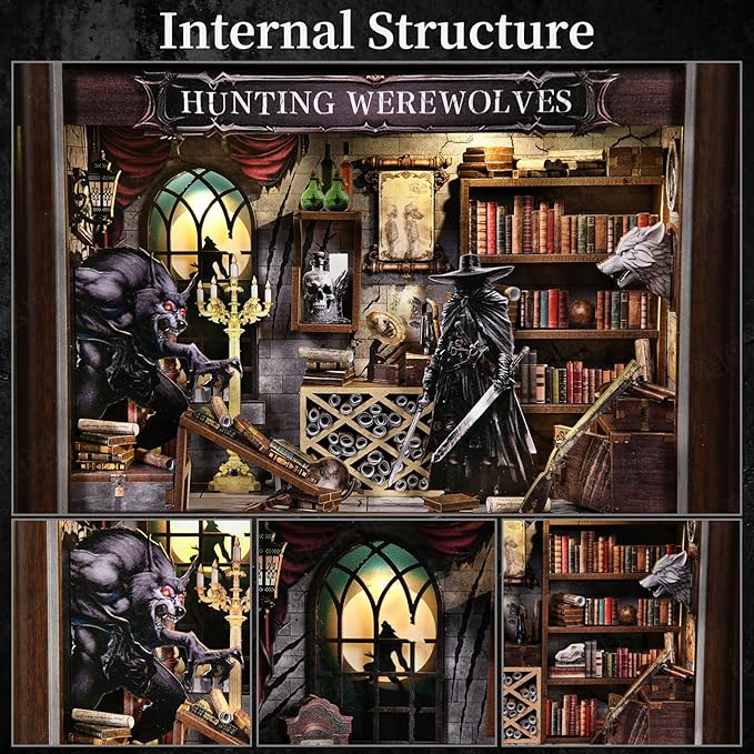 Book Nook Kit-3D Wooden Puzzle with LED Touch Control & Wall-Mountable Frame,DIY Miniature House for Beginners,Bookshelf/Tabletop/Wall Decor for Craft Lovers,Dollhouse Gift,Hunting Werewolves