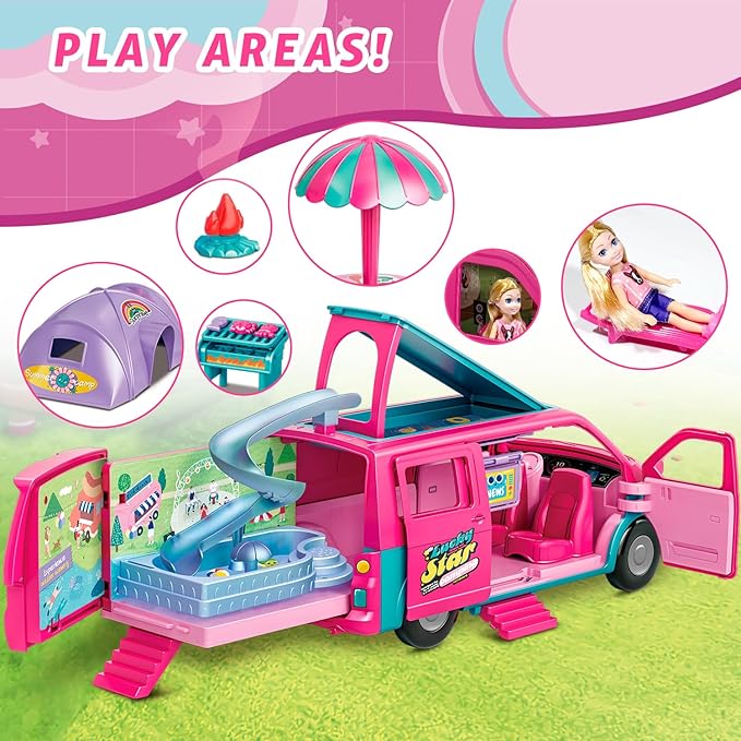 Dollhouse Camping RV Playset for Girls - Kids Camper Van Toy with Slide, Pool, Tent, BBQ Grill & Doll Accessories - Pretend Play Outdoor Adventure Toy Birthday Gift for 3 4 5 6 7 8 Year Old