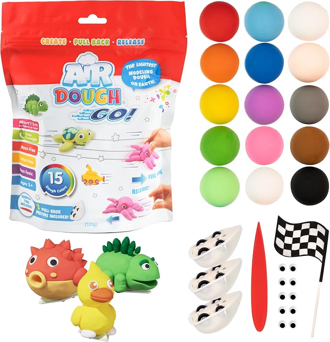 Air Dough Go - Multicolor, Air Dry, Ultra Light, Non-Toxic Modeling, Colorable, Paintable Clay in a Resealable Bag Including Sculpting Tool, Pull Back Motors, 16 air Dough Colors