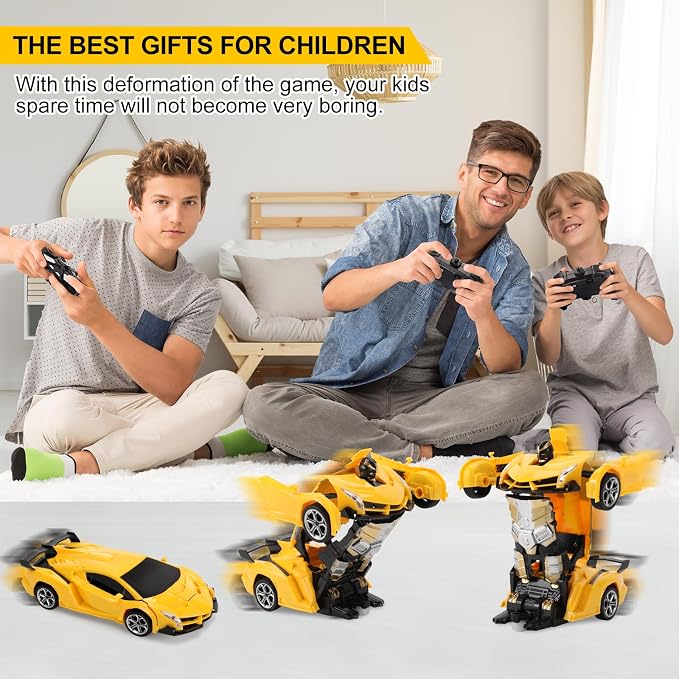 Blackma Transform RC Car Toy - Remote Control Car with Flashing Lights, One-Button Deformation, 2.4GHz & 360° Rotation, Gift for Kids Boys Girls Ages 4-12 - Yellow